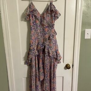 Astr Purple and Pink Asymmetrical Sundress with Flutter Sleeves